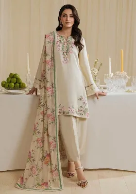 Cream Embroidery Blended Kurta Set