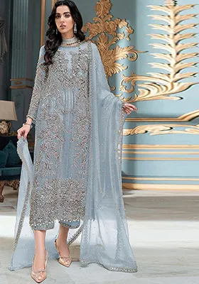 Sky Blue Embroidered Orgenza Kurta Set
