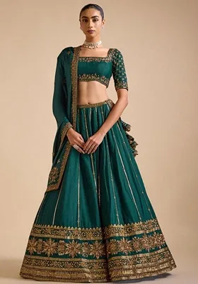 Dark Green Sequin Embroidered Silk Lehenga Set