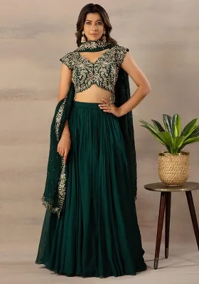 Green Sequins Embroidered Georgette Lehenga Set