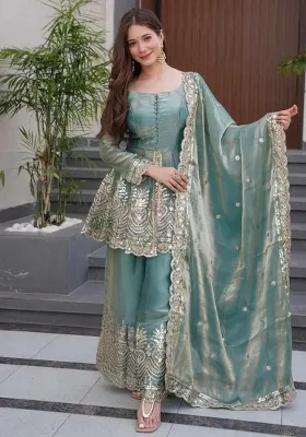 Green Embroidery Blended Kurta Set