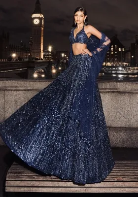 Blue Embellished Net Lehenga Set