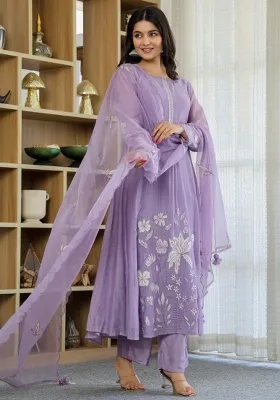Purple Embroidery Silk Kurta Set