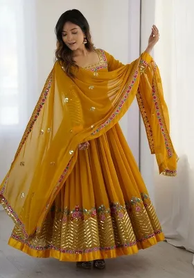 Yellow Embroidery Blended Kurta Set