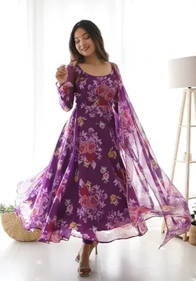 Purple Printed Georgette Anarkali With Dupatta