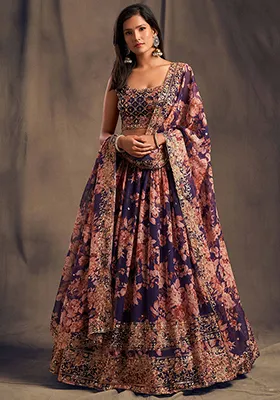 Purple Floral Print Organza Lehenga Set