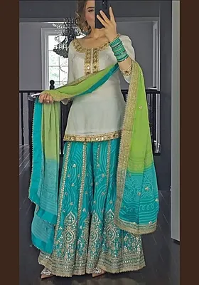 White -Green  Embroidered Silk Sharara Set With Dupatta