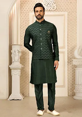 Green Sequence Embroidered Silk Kurta Set For Men