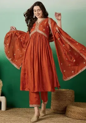 Orange Embroidery Silk Blend Kurta Set