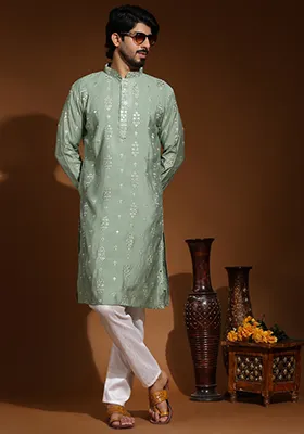 Pastel Green Embroidered Pure Silk Kurta For Men