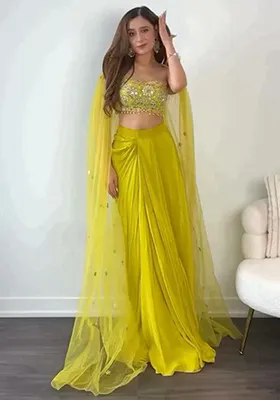 Yellow Thread Embroidered Chinon Silk Jacket Set