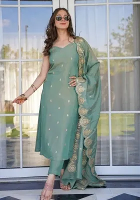 Pista Green Embroidererd Viscose Chanderi Salwar Kameez With Dupatta