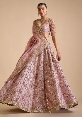 Multicolor embroidered Chinon Lehenga Set With Dupatta