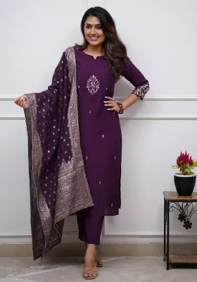 Purple Embroidery Silk Blend Kurta Set