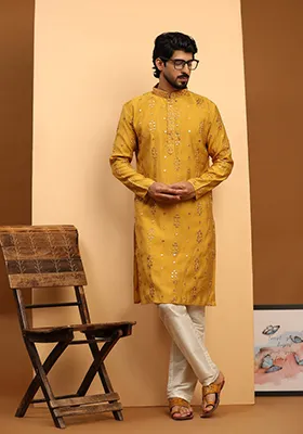 Mustard Yellow Embroidered Pure Silk Kurta For Men