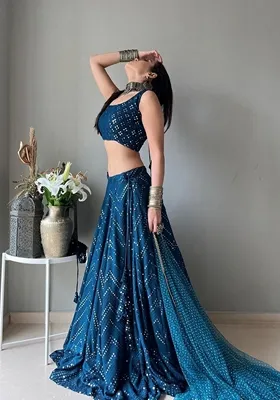 Blue Sequin Thread Embroidered Faux Georgette Lehenga Set
