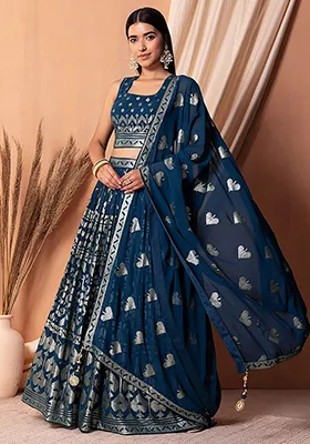 Blue Sequin Embroidered Georgette Lehenga Set