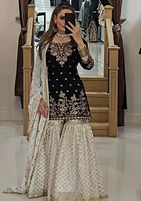 Black Embroidered Georgette Sharara Set