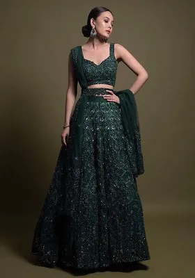 Green Sequin Work Net Lehenga Set