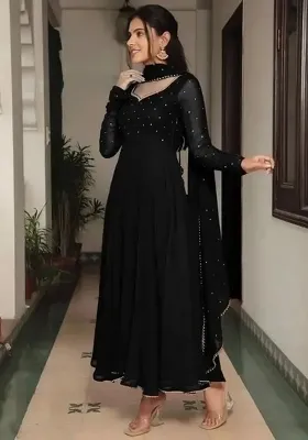 Black Embroidered Georgette Anarkali With Dupatta