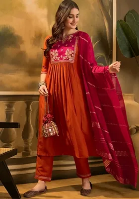 Orange Sequin Embroidered Chinon Salwar Kameez With Dupatta
