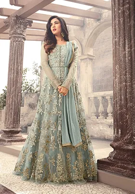 Grey Thread Embroidered Net Anarkali With Dupatta