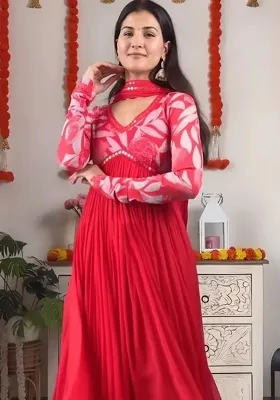 Red Solid Georgette Kurta Set