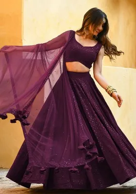 Purple Embroidered Georgette Lehenga Set With Dupatta