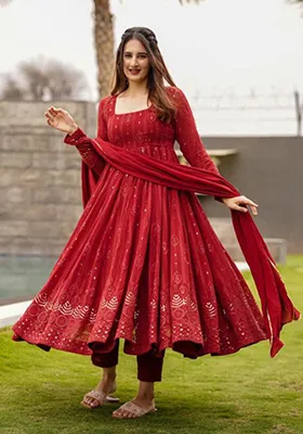 Maroon Embroidered Georgette Anarkali With Dupatta