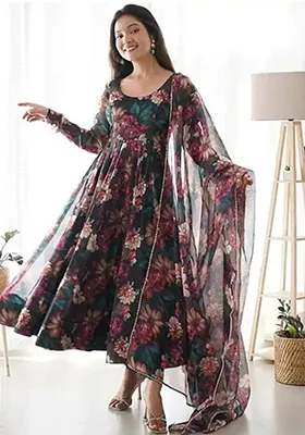 Black Digital Print Georgette Anarkali With Dupatta