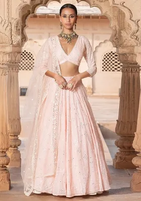 Peach Sequin Embroidered Cotton Lehenga Set