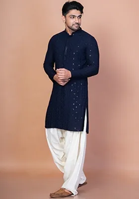 Navy Blue Embroidery Cotton Blend Kurta Patiala Set For Men