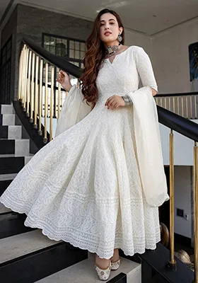 White Embroidered Cotton Anarkali With Dupatta