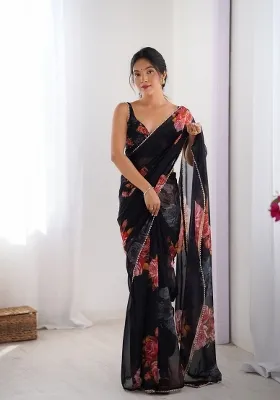 Black Floral Print Georgette Saree Set