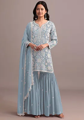 Sky Blue Embroidered Georgette Sharara Set With Dupatta