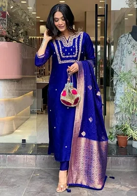 Royal Blue Embroidered Pure Cotton Salwar Kameez With Dupatta