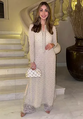 Off White Embroidered Georgette Salwar Kameez