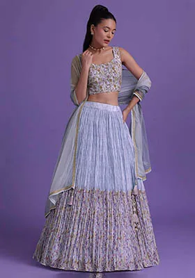 Blue Floral Print Georgette Lehenga Set