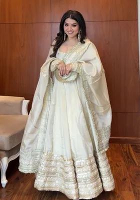 Off White Embroidered Silk Salwar Kameez With Dupatta