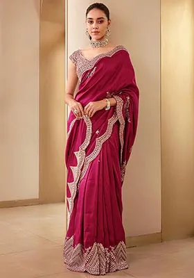 Rani Pink Sequin Embroidered Vichitra Saree Set