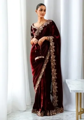 Maroon Embroidered Velvet Saree Set