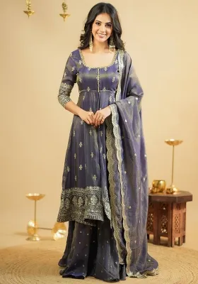 Light Purplee Embroidery Silk Lehenga Set With Dupatta