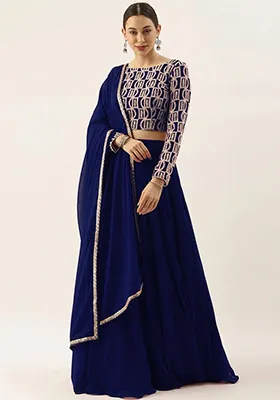 Navy Blue Sequin Embroidered Georgette Lehenga Set