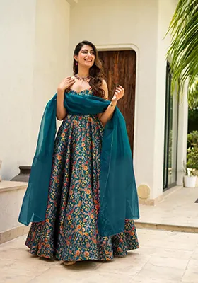 Rama Solid Silk Anarkali With Dupatta