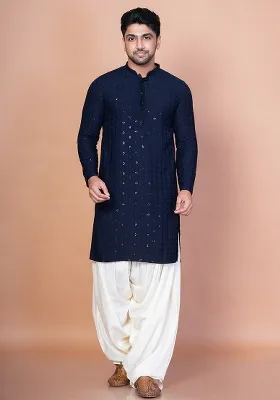 Navy Blue Embroidery Cotton Blend Kurta For Men