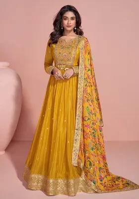 Yellow Embroidered Chinnon Anarkali With Dupatta