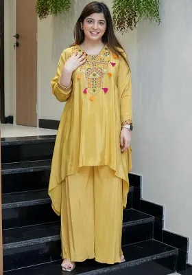 Yellow Embroidery Silk Kurta Set