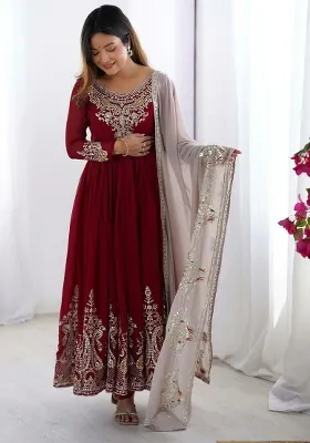 Red Embroidery Blended Kurta Set