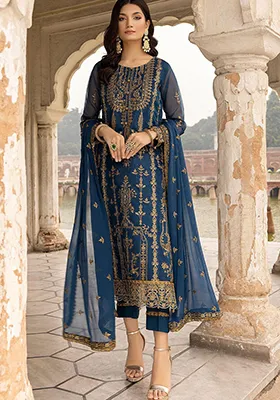 Blue Zari Embroidered Georgette Salwar Kameez
