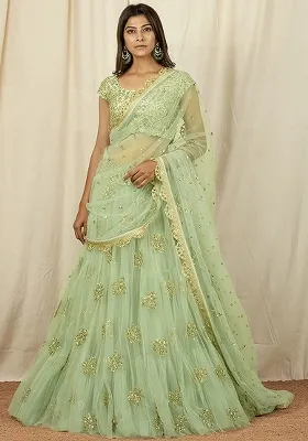 Mint Green Embroidered Net Lehenga Set